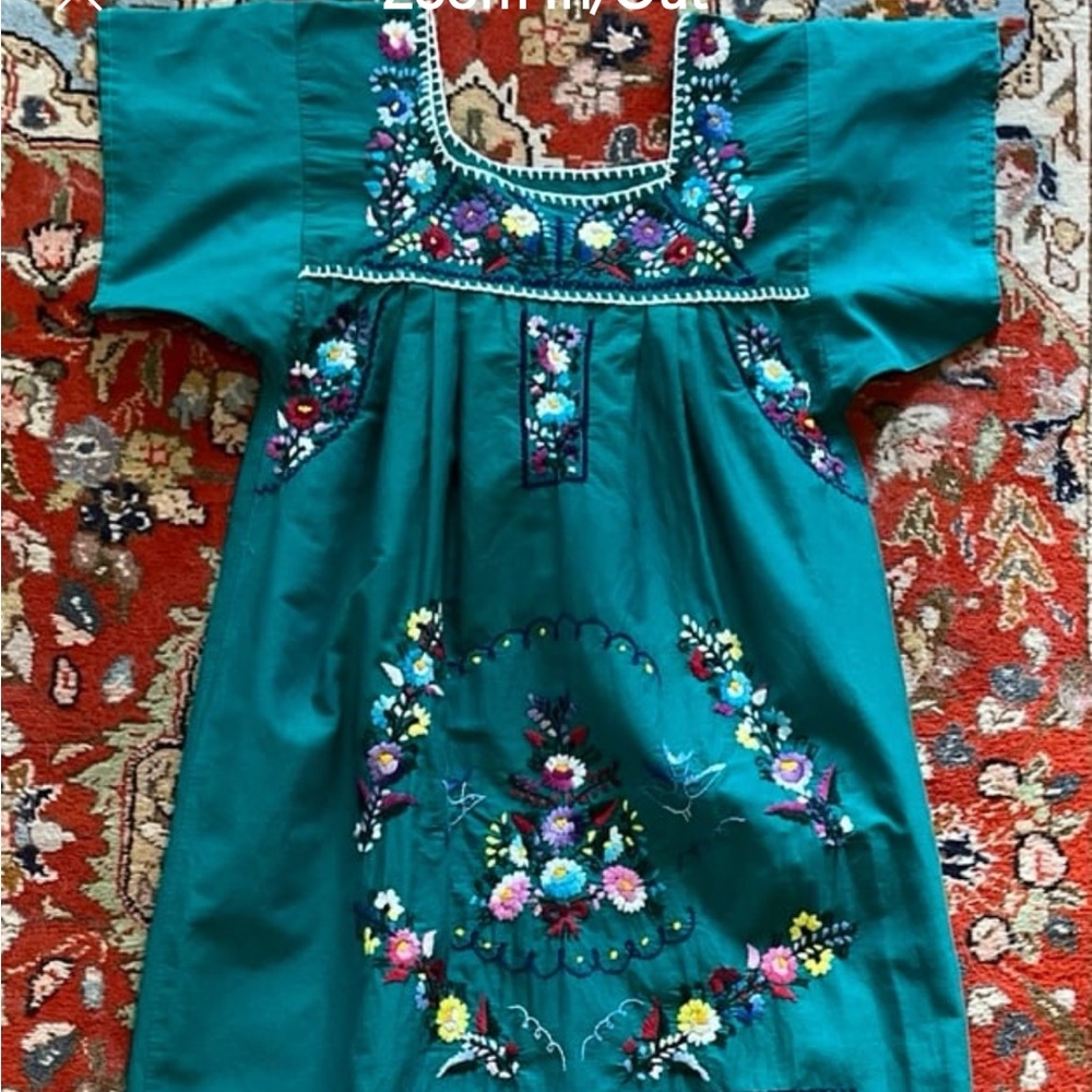 Floral Hand-Embroidered Grass-Green Cotton Traditional Mexican Dress XS